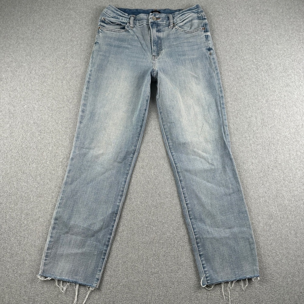 Express Jeans Womens M Straight Ankle Light Wash High Rise Raw Hem Ultra Stretch
